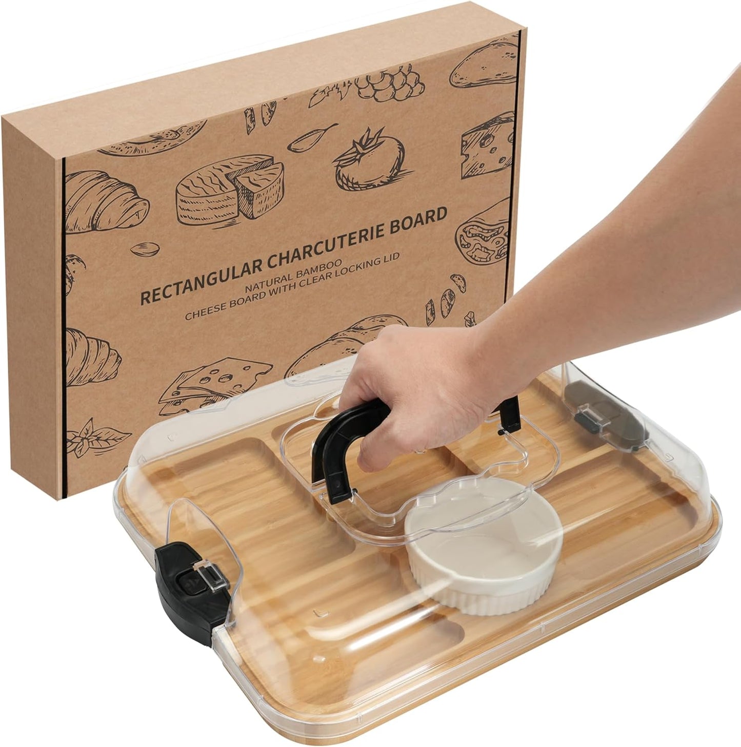 WILLKOMMEN Charcuterie Board with Lid- 5 Compartment Carbonized Bamboo Serving Tray with Locking Lid, Square Serving Platter Divided Serving Dishes for Party Cheese Snack Fruit