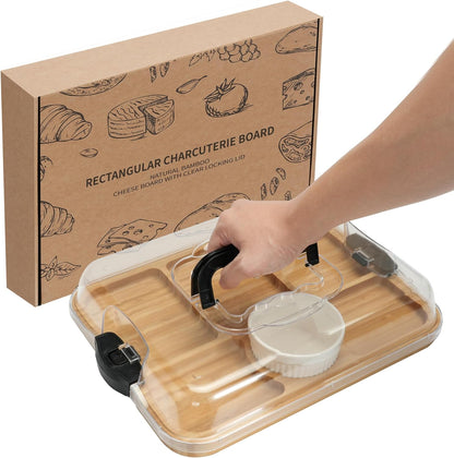 WILLKOMMEN Charcuterie Board with Lid- 5 Compartment Carbonized Bamboo Serving Tray with Locking Lid, Square Serving Platter Divided Serving Dishes for Party Cheese Snack Fruit