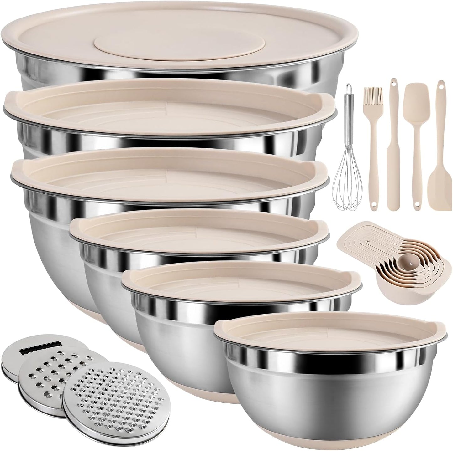 20-Piece Mixing Bowls Set with Airtight Lids – 6 Stainless Steel Kitchen Bowls (4.5QT, 4QT, 3.5QT, 2.1QT, 1.5QT, 1.1QT), 3 Grater Attachments, Non-Slip Silicone Bottoms, Perfect for Baking & Serving