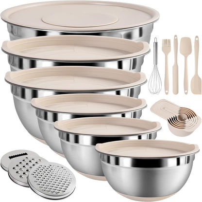 20-Piece Mixing Bowls Set with Airtight Lids – 6 Stainless Steel Kitchen Bowls (4.5QT, 4QT, 3.5QT, 2.1QT, 1.5QT, 1.1QT), 3 Grater Attachments, Non-Slip Silicone Bottoms, Perfect for Baking & Serving