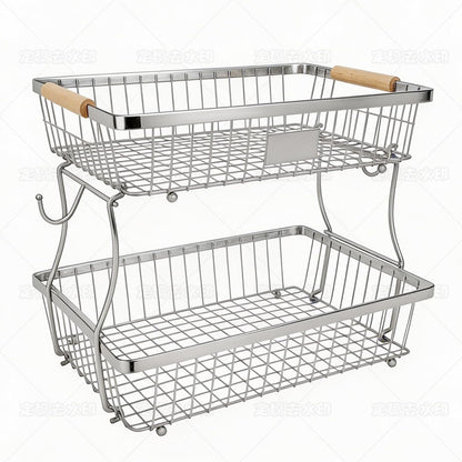 Fruit Basket Bowl 2 Tier Detachable with 2 Banana Hangers, Fruit Stand Holder for Kitchen Countertop, Metal Wire Vegetable Storage Organizer, for Bread Snack Veggies Produce, Black