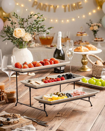 LAUCHUH 3 Tier Serving Tray, Porcelain Serving Platter Tier Serving Stand with Collapsible Sturdier Rack, Serving Trays and Platters Dessert Party Display Set for Father's Day, Gold, 12 Inch
