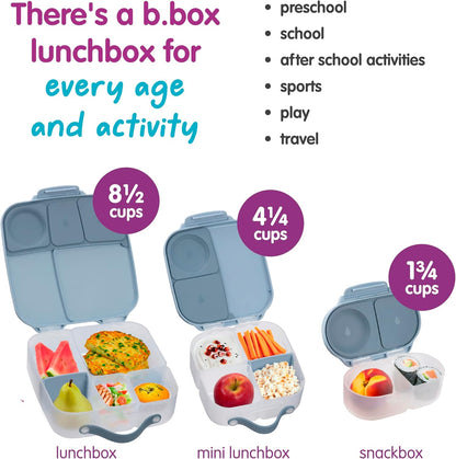 b.box Mini Lunch Box 2-Pack, Leak Proof Bento Box for Kids, 3 Compartment Snack Containers Ages 3+, Lunchbox for Daycare + School, Dishwasher Safe, BPA-Free, PFAS-Free, 4.25 Cup - Blue + Green