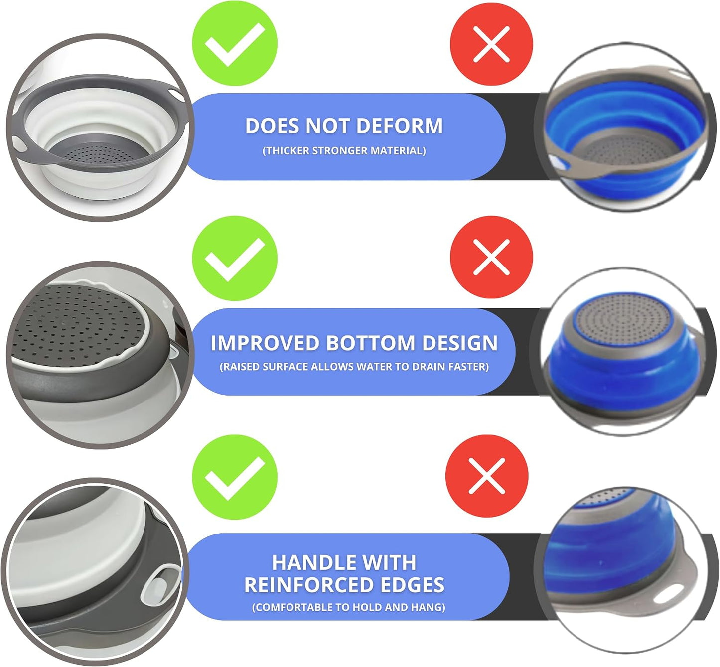 3PCS Green Foldable Kitchen Strainer Set – Silicone Colander Collapsible Strainers and Colanders Green Collander for Kitchen Collapsible Compact Drain Tools for Cooking Prep