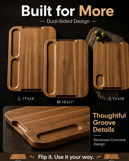 Starkbear Acacia Wood Cutting Board Set of 3 with Stand, Core-Cut Non Slip Wooden Chopping Block, Sloped Juice Groove Reversible Charcuterie Serving Tray for Modern Kitchen Gift