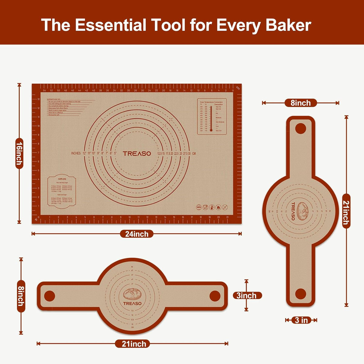 Silicone Pastry Mat, 24" x 16" Dough Mat, Rolling Mat for Baking