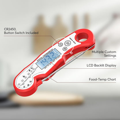Meat Thermometer Digital for Grilling and Cooking - ANDAXIN Waterproof Ultra-Fast Instant Read Food thermometers with Backlight & Calibration for Kitchen, Deep Fry, BBQ, Grill(Red/Black), LCD