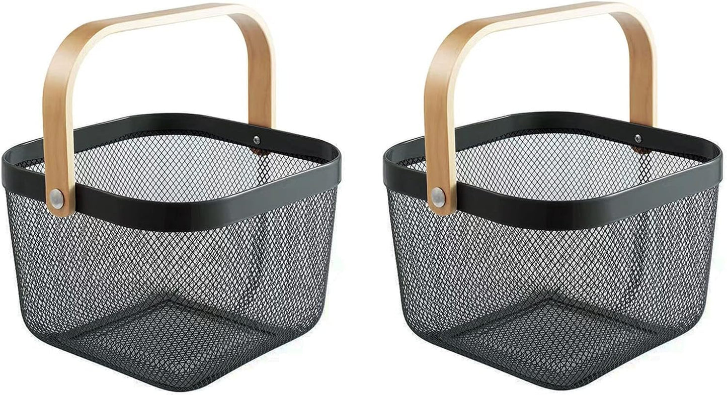 AJIODA 2 Pack Metal Mesh Steel Basket, Storage Organizer Basket Multi-function Hanging Kitchen Baskets Fruit Basket Bin with Wood Handle for Kitchen Bathroom Picnic Cabinet Home Decor, White