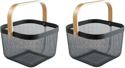 AJIODA 2 Pack Metal Mesh Steel Basket, Storage Organizer Basket Multi-function Hanging Kitchen Baskets Fruit Basket Bin with Wood Handle for Kitchen Bathroom Picnic Cabinet Home Decor, White