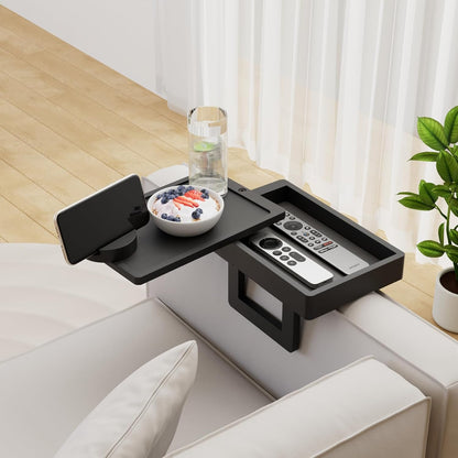 Wealone Mini Black Couch Arm Table for Narrow Armrest, Sofa Arm Tray with Storage Box, Rotating Tabletop & Phone Stand, Adjustable Sofa Arm Table Clip for Snacks or Dining, Width of Armrest 1-7 Inch