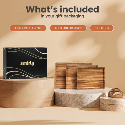 SMIRLY Walnut Cutting Board for Kitchen - Wood Cutting Boards with Handle and Juice Groove for Meal Prep, Serving, Charcuterie - Kitchen Gadgets - Non Toxic Wooden Chopping Board Set of 3 with Holder