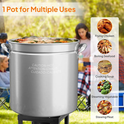 Bonnlo 30QT Aluminum Stock Pot for Boiling Seafood, Crawfish & Crab, Frying Turkey & Steaming Tamales, Large Boil Pot with Strainer Basket, Lid, Lifting Hook & Steamer Rack for Outdoor Cooking
