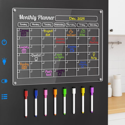 Grtard 3 Pack Acrylic Calendar for Fridge, Magnetic Calendar for Refrigerator, 16"x12" Dry Erase Whiteboard Fridge Calendar,2026 Clear Monthly Weekly Daily Memo Planning Board with 8 Markers