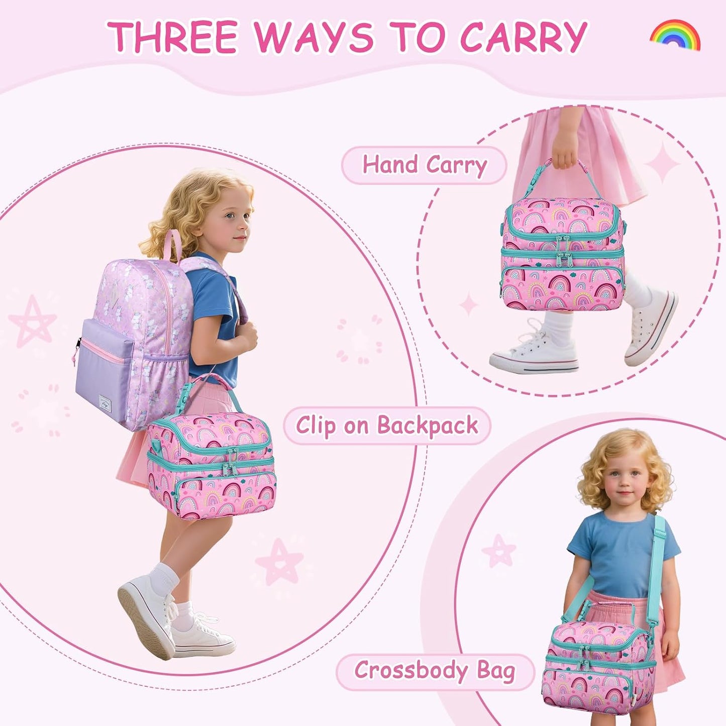 Kasqo Lunch Bag Kids, Dual Compartment Insulated Cooler Bag 7.5L Girls Boys Toddler Lunch Box Containers for Daycare School Kindergarten Travel Ombre Butterfly