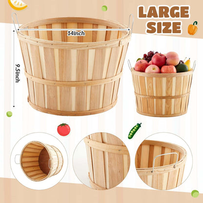 Marsui 6 Pcs Jumbo Half Bushel Baskets, 14 x 9.5 Inch Large Round Wooden Apple Basket with Handles Handcrafted Produce for Farmers Market Harvest Fruit Plants or Commercial Use