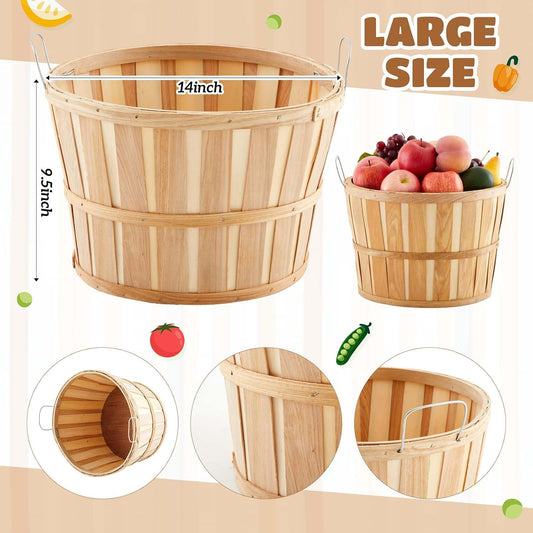 Marsui 6 Pcs Jumbo Half Bushel Baskets, 14 x 9.5 Inch Large Round Wooden Apple Basket with Handles Handcrafted Produce for Farmers Market Harvest Fruit Plants or Commercial Use