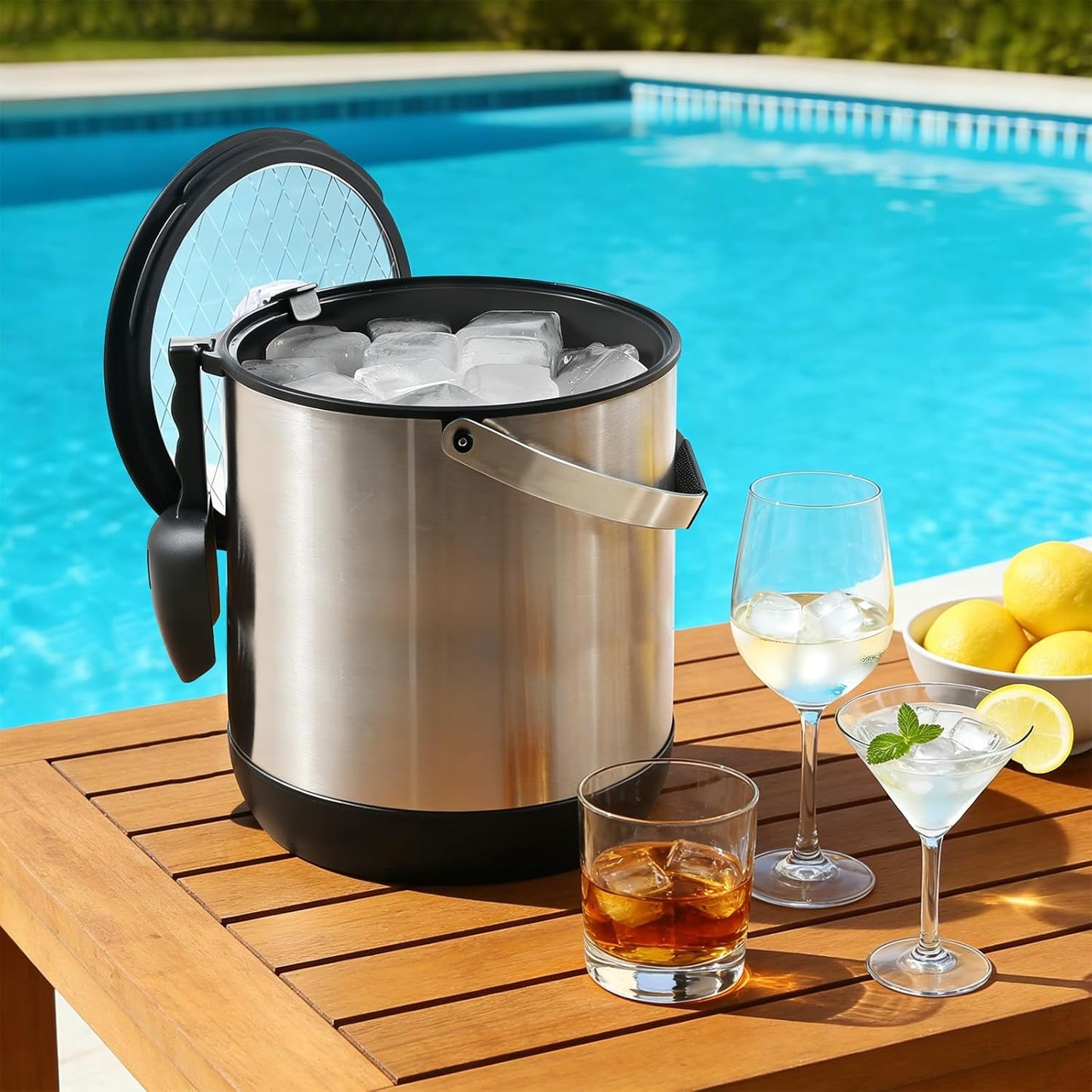 5QT/4.8L Insulated Ice Bucket for Parties, Large Capacity Double-Wall Beverage Bucket with Scoop & Lid for Champagne, Wine, Cocktail (Black)