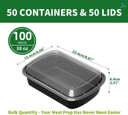 Meal Prep Containers, 50 Pack 58oz (100-Piece) Disposable Take Out Food Storage Containers with Leakproof Lids, Large Plastic To Go Lunch Boxes, BPA Free, Microwave/Dishwasher/Freezer Safe