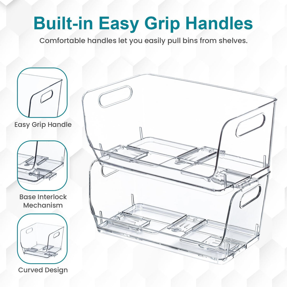 Basicwise Set of 3 Open-Front 16" Clear Storage Bins with Easy-Grip Handles Stackable Transparent Plastic Organizer Container for Pantry Cabinet Refrigerator Drawers Closets & Shelf Organization, XL