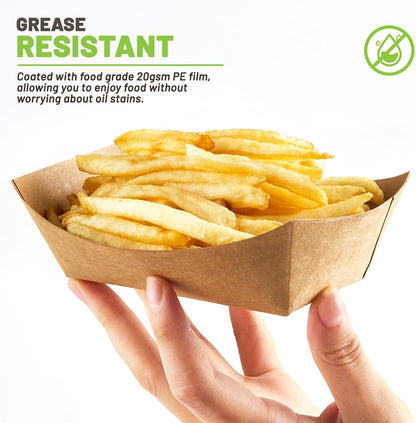 ZORRITA 2 Lb Paper Food Trays - 100 Pack Disposable Nacho Trays Brown Food Boats Take Out Basket Holders for Serving Party Snacks Hot Dogs Tacos Fries