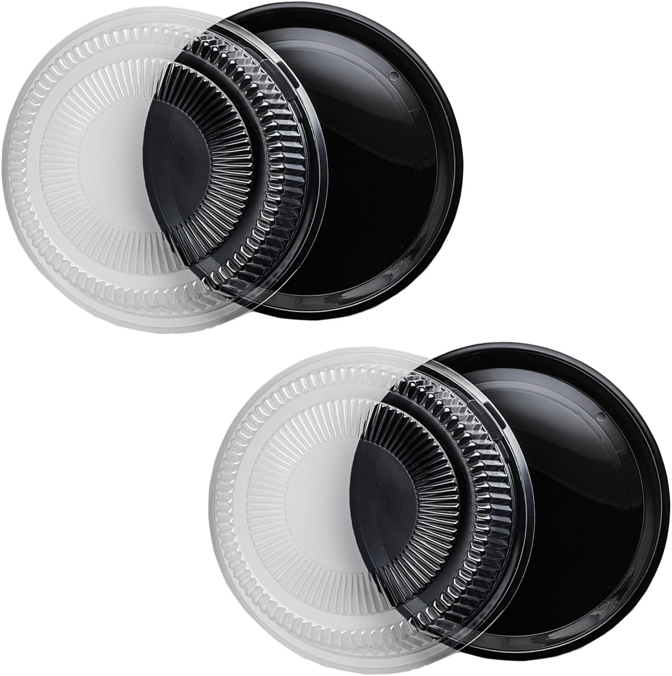 Party Essentials Hard Plastic 12" Black Trays With Clear Dome Lids, Set of 2 Trays and 2 Lids, Clear/Black