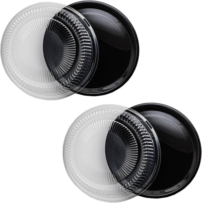 Party Essentials Hard Plastic 12" Black Trays With Clear Dome Lids, Set of 2 Trays and 2 Lids, Clear/Black