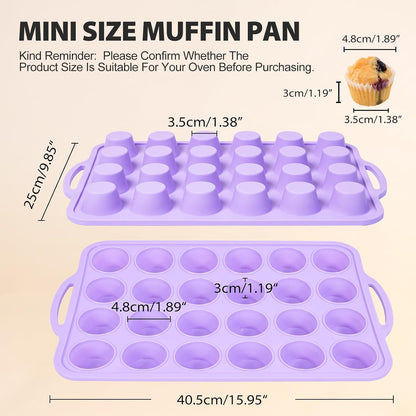 2 Pack Silicone Muffin Pan 12 and 24 Cup with Metal Frame,Non Stick Silicone Mini Cupcake Pan with Handles, BPA Free Silicon Regular Muffin Tin Tray Small for baking, egg bites, Mold Grey