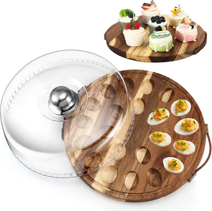 Havawish Wood Deviled Egg Platter with Lid 22 Holes Round Deviled Egg Tray Charcuterie Board Food Serving Container Holder for Countertop Easter Party Supplies(Acacia Wood)