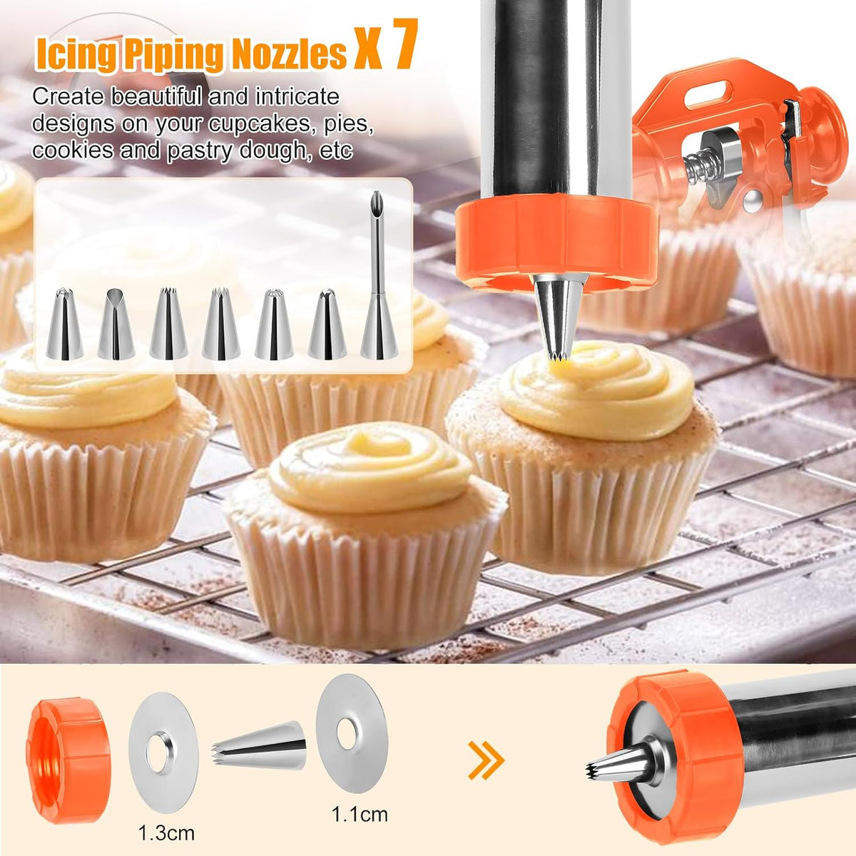PAHTTO Churro Maker Machine, Stainless Steel Churros Gun Kit, 3-in-1 Multifunctional Cookie Press Hollow Churro with Piping Bag, 7 Piping Nozzles, 9 Cookie Discs & 2 Brushes, Easy to Clean