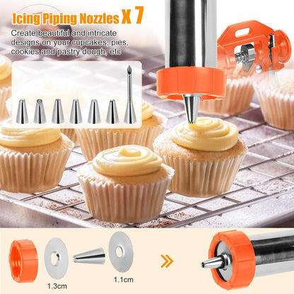 PAHTTO Churro Maker Machine, Stainless Steel Churros Gun Kit, 3-in-1 Multifunctional Cookie Press Hollow Churro with Piping Bag, 7 Piping Nozzles, 9 Cookie Discs & 2 Brushes, Easy to Clean