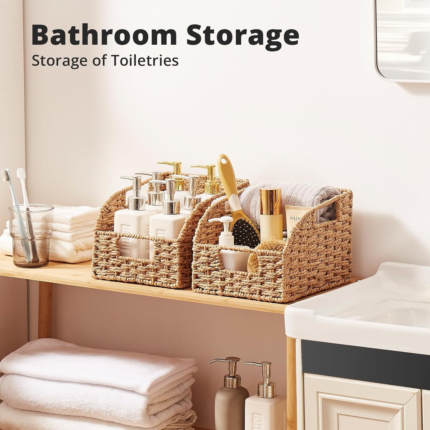 OIAHOMY Pantry Baskets for Organizing, Paper Rope Baskets with Built-in Handles, Wicker Storage Bins for Shelves, 2 Pack-Yellow
