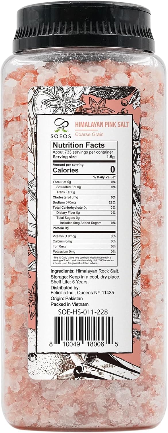 Soeos Himalayan Pink Salt, Coarse Grain, 39 oz (2.4 lb), Bottled