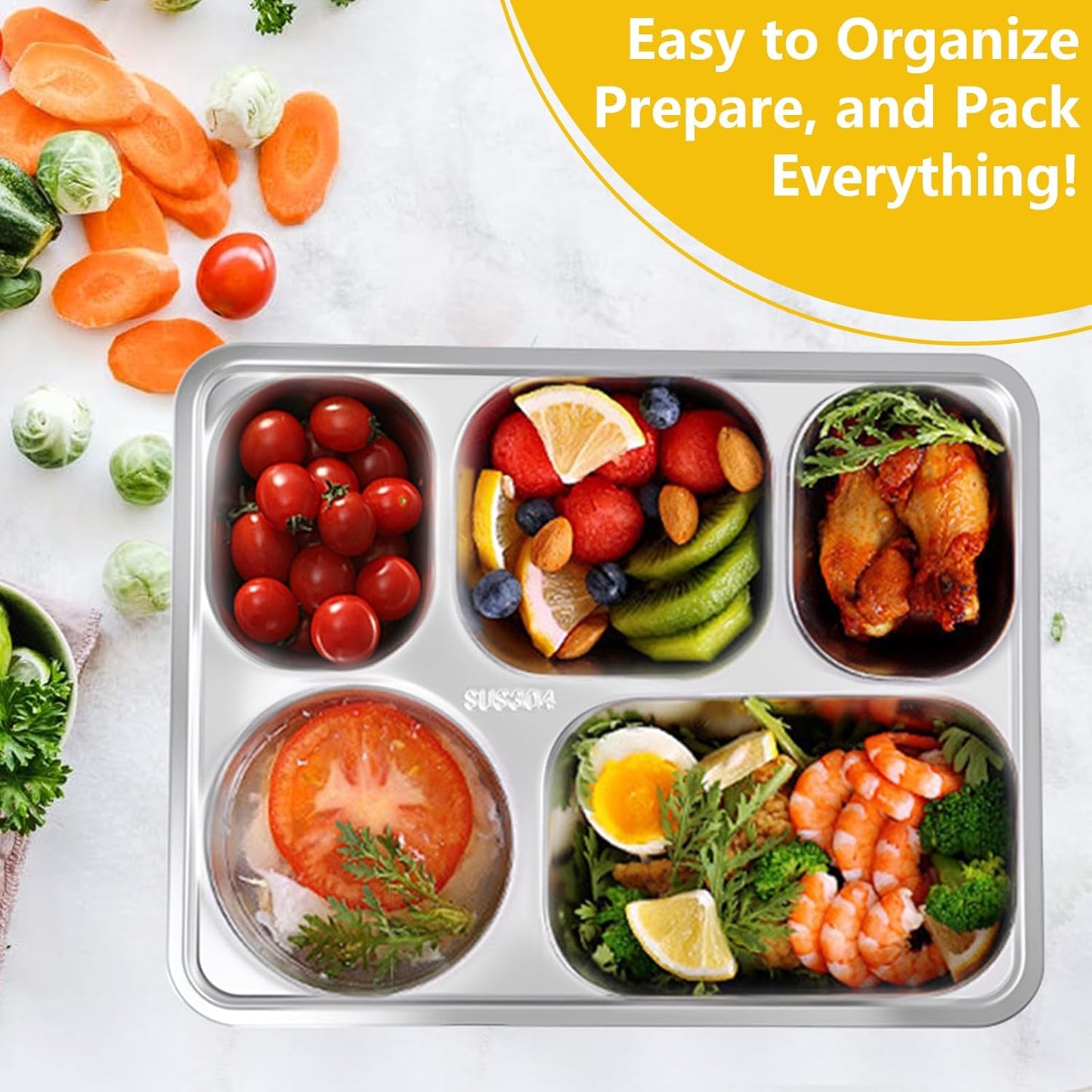 3 Pack Stainless Steel Snack Containers with Lids, 11 x 8.66 In Bento Snack Container with 5 Compartments, Reusable Meal Prep Lunch Trays, Divided Food Storage Container for Home Office Travel