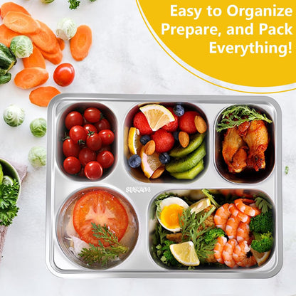 3 Pack Stainless Steel Snack Containers with Lids, 11 x 8.66 In Bento Snack Container with 5 Compartments, Reusable Meal Prep Lunch Trays, Divided Food Storage Container for Home Office Travel