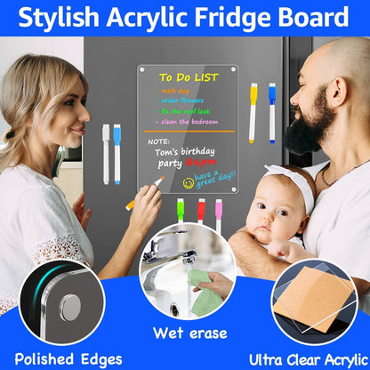 PigPotParty Acrylic Magnetic Chore Chart for Adults, 12x9.5 Inch Clear Dry Erase Chore Board for Fridge, Daily Weekly and Notes Sections, Pre-Installed Embedded Magnets, 8 Fine-tip Markers and Towel