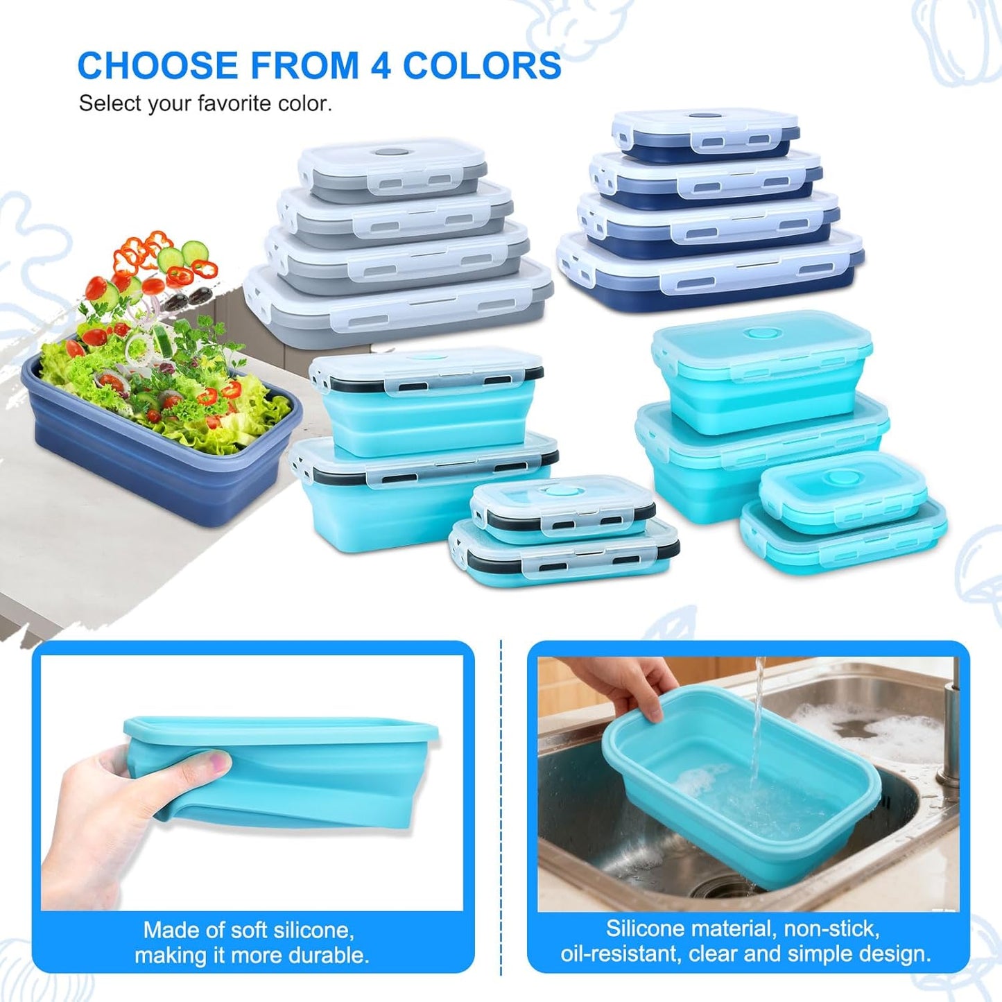 Collapsible Silicone Food Storage Containers 4 Set Airtight Leak Proof Food Containers with Lids Stackable Meal Prep for Microwave Freezer Dishwasher for Kitchen Camping Office Gray