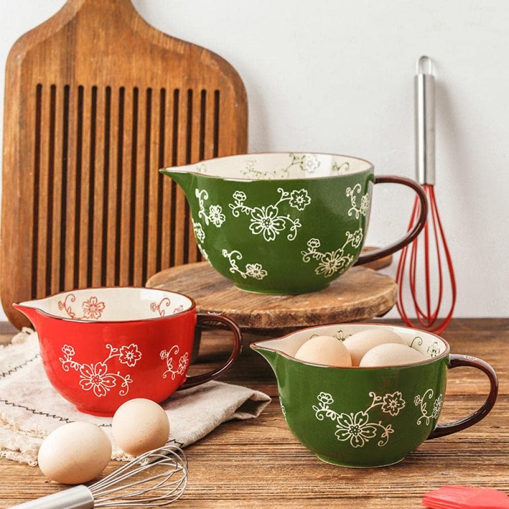 Gaolinci Cherry Blossom Pattern Kitchen Ceramic Mixing Bowl, 1 Quart Large Bowl, with Pouring Spout and Handle