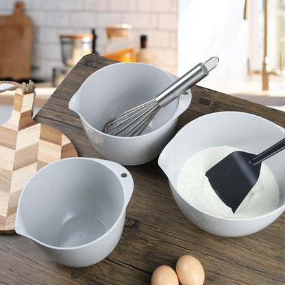 3 Plastic Mixing Bowls with Lids,Pour Spout,TPR Bottom,Mixing Bowl Set,Deep Nesting Small Batter Bowl for Serving,Prep,Baking,Non Slip,Dishwasher Safe,Easy to Grip/Spout,Pale Blue