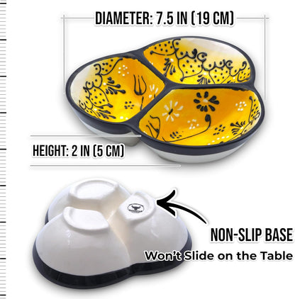 Ceramic Chip & Dip Bowl 7.5”, 3-Compartment Divided Serving Dish & Condiment Tray for Appetizers – Handmade in Spain, Lead-Free Glaze, Microwave, Oven & Dishwasher Safe