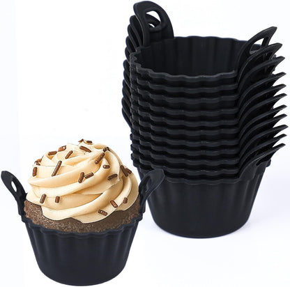 Koluti Nonstick Silicone Muffin Baking Cups Pack of 12, Reusable Cupcake Molds with Double Handle, BPA Free, Mini Round Air Fryer Cupcakes Liner, 3 Colors