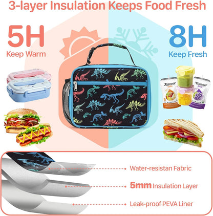 Kids Lunch Bag Boys - Insulated Kids Lunch Box Reusable Lunchbox with Water Bottle Holder Toddler Lunch Tote Bag for School Daycare, Black Dino Fossil