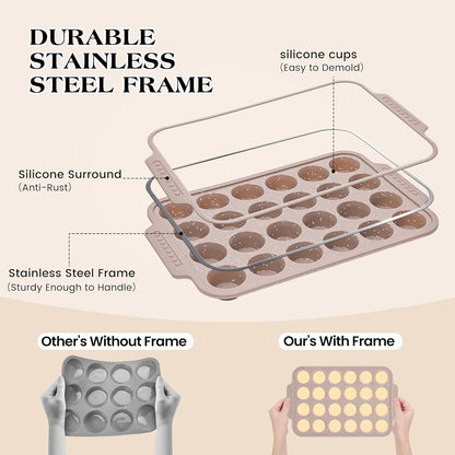 2 Pcs Silicone Muffin Pans for Baking with Metal Reinforced Frame, Nonstick Cupcake Tray for Oven, 12 Cups Regular Size Silicone Molds for Egg Bites, Dishwasher Safe (Brown, Cream)