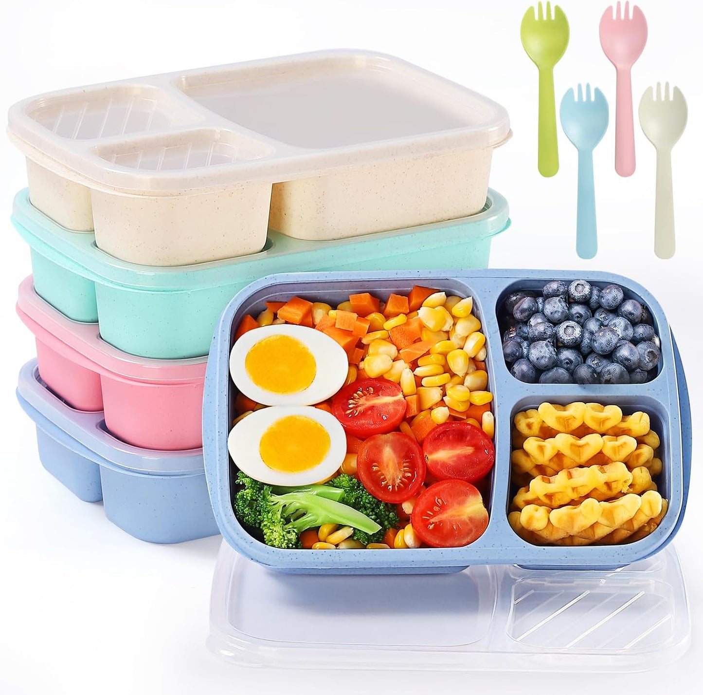 Bento Box Adult Lunch Box - 3 Pack,3-Compartment Leak-Proof Bento Boxes Ideal Portion Sizes for Kids , Reusable Food Storage Snack Containers,Microwave and Dishwasher Safe & Food-Safe Materials (blue)
