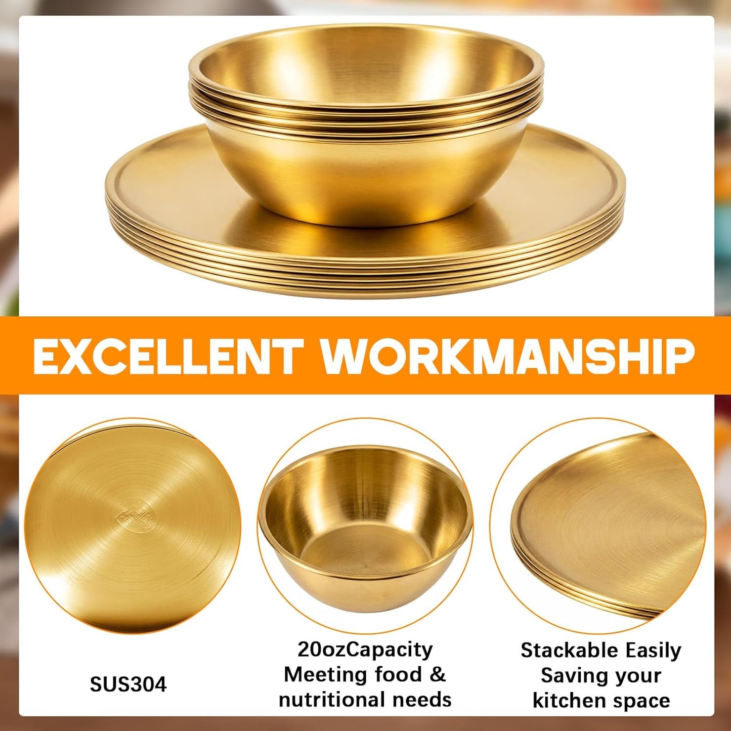 304 Stainless Steel Plates and Bowls Sets - 9 Inch Metal Camping Plates Reusable 20oz Steel Snack Bowls Feeding Serving Dinner Dishes for Adult Girls Boys