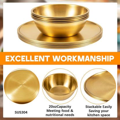 304 Stainless Steel Plates and Bowls Sets - 9 Inch Metal Camping Plates Reusable 20oz Steel Snack Bowls Feeding Serving Dinner Dishes for Adult Girls Boys