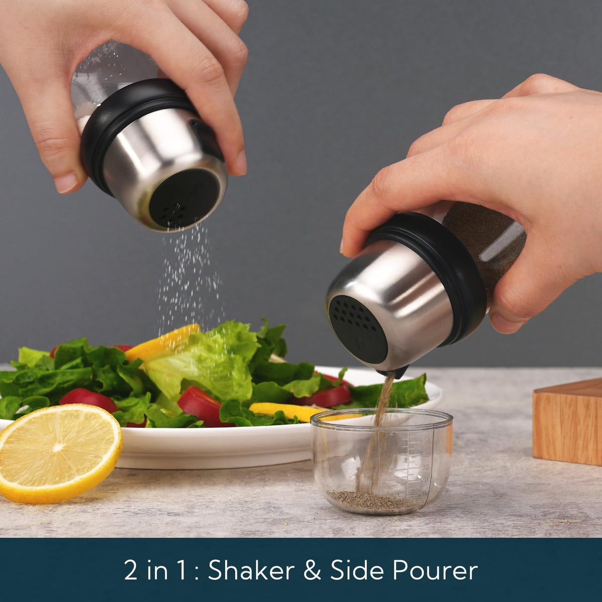 KTCHENDAO 2 in 1 Glass Salt and Pepper Shaker with Side Pour Spout, Built-in Lid for Moisture-proof, Elegant Borosilicate Glass Salt Pepper Dispenser set for Kitchen, BPA Free, 4oz (White)
