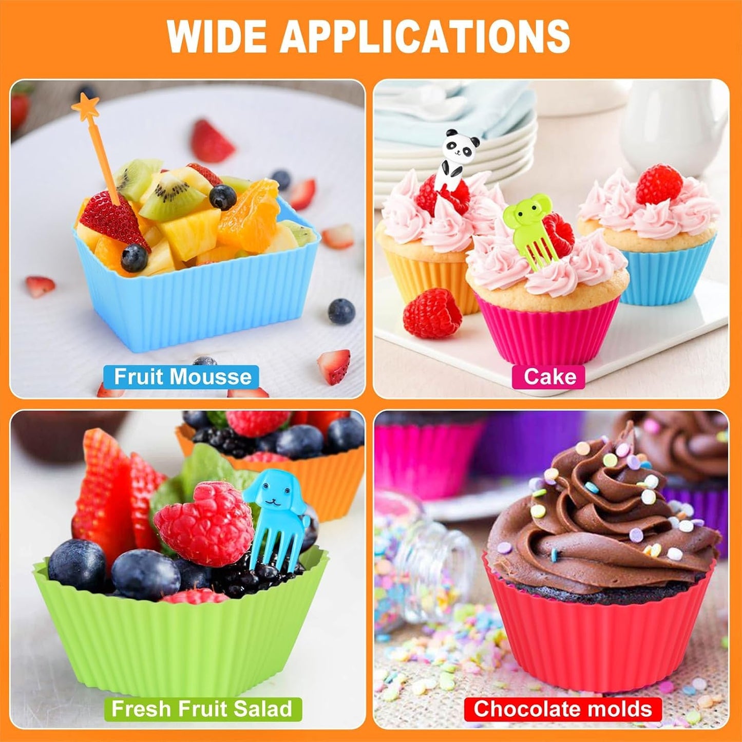 44 Pcs Silicone Lunch Box Dividers Set, Includes 24 Reusable Silicone Round Baking Cups and 20 Cute Animal Food Picks, Non-stick Muffin Cupcake Liners for Party