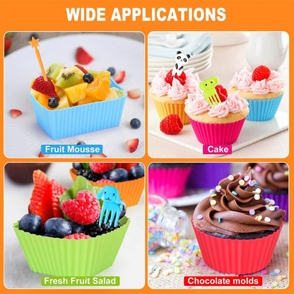 44 Pcs Silicone Lunch Box Dividers Set, Includes 24 Reusable Silicone Cupcake Baking Cups and 20 Cute Animal Food Picks, Non-stick Muffin Liners for Party