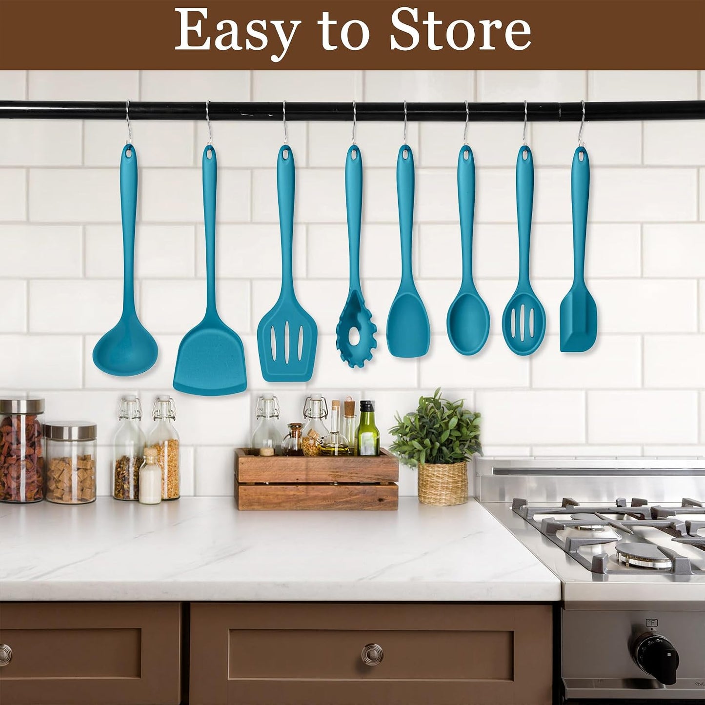 LIANYU Non-Toxic Silicone Kitchen Utensils Set, 8 Piece Non-Scratch Cooking Spoons & Spatulas, Stainless Steel Core, Heat Resistant & Dishwasher Safe, Khaki