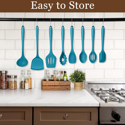 LIANYU Non-Toxic Silicone Kitchen Utensils Set, 8 Piece Non-Scratch Cooking Spoons & Spatulas, Stainless Steel Core, Heat Resistant & Dishwasher Safe, Khaki